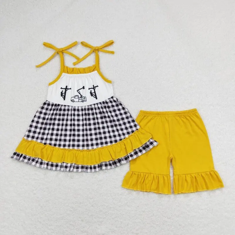 

3.4 yan New rts infant girls summer suits wholesale boutique lineman black and white plaid suspender shorts girls set