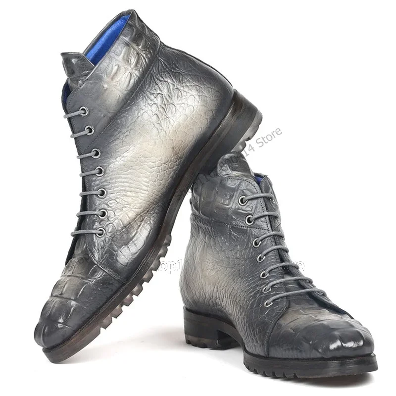 

Gray White Crocodile Fretwork Strappy Ankle Boots Fashion Lace up Men Shoes Luxury Handmade Party Banquet Office Men Dress Shoes