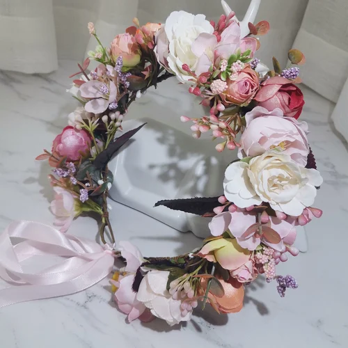 Tocado de corona de flores rosas, accesorios para el cabello para vestido de niña, diadema nupcial para boda, adorno, guirnaldas florales para niños