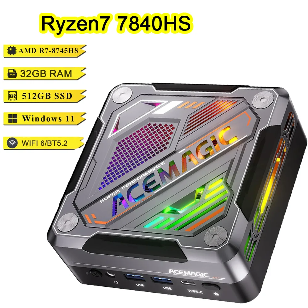 

Mini PC Gaming Ryzen7 7840HS Up to 45w RAM 32GB NVME SSD 512GB/1TB DDR5 AM18 PC Gamer Wifi6 BT5.2 8K Windows11 Desktop Computer