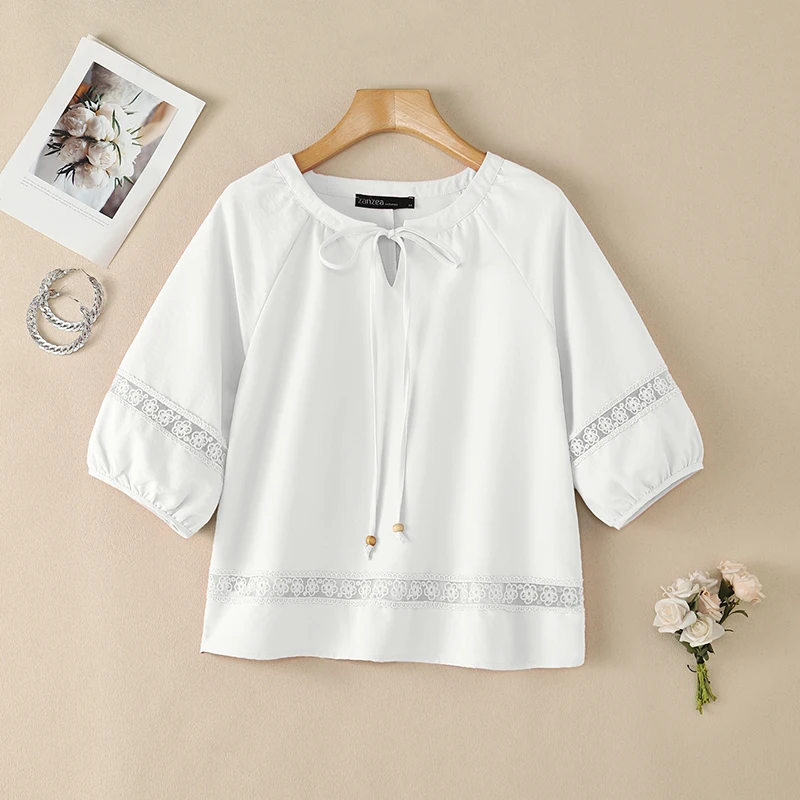 ZANZEA Women's Floral Embroidered Blouse Autumn Lace Patchwork Tie Neck Tops 3/4 Lantern Sleeve Casual Holiday Work Wear Shirt