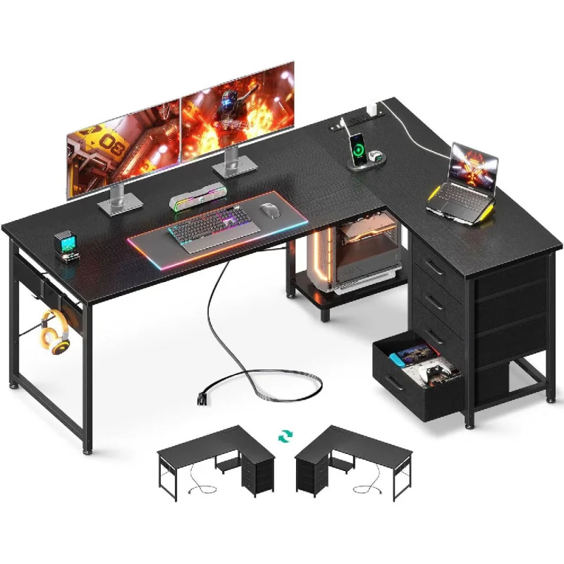 

L Shaped Gaming Desk with 4 Drawers, 61" Reversible Home Office Desks with Power Outlets, L Shaped Computer Desk