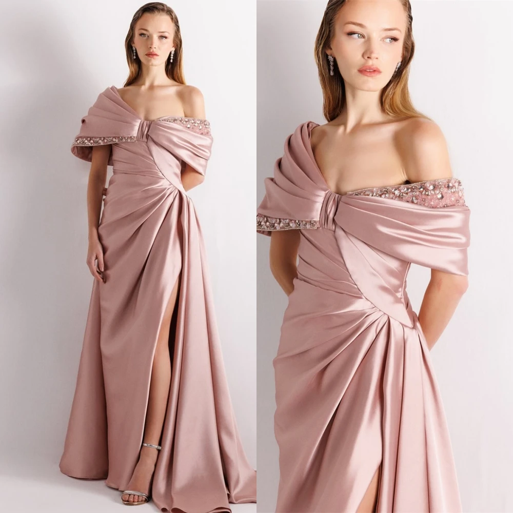 Vestido de noche elegante personalizado de satén con hombros descubiertos, vestidos de graduación con abertura lateral exquisitos, vestidos para ocasiones especiales de lujo