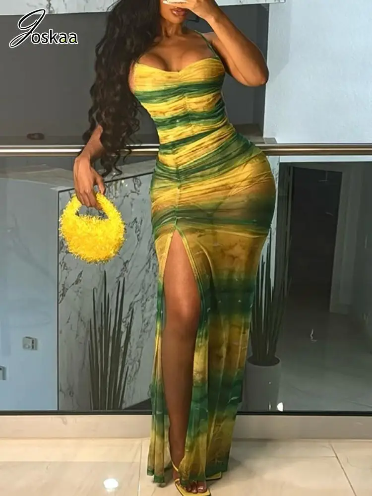 فستان Joskaa مطبوع شبكي شفاف للعطلات الطويلة للنساء مثير بحزام سباغيتي بفتحة عالية بدون ظهر فساتين ضيقة للحفلات والنوادي #3