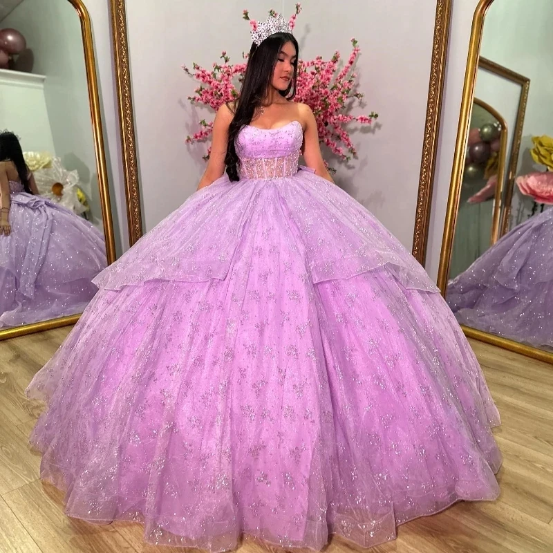 Mexican Lavender Shiny Off The Shoulder Ball Gown Quinceanera Dress 2024 Beaded Lace Birthday Gowns Sweet 16 Dress Lace-up