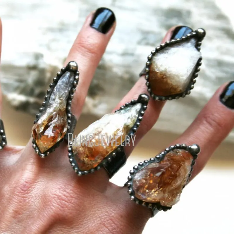 Y2k Accessary Raw Citrine Quartz Adjustable Statement Ring Fidgets Anti-stress Witchcraft Wicca Women Gothic Halloween Jewelry