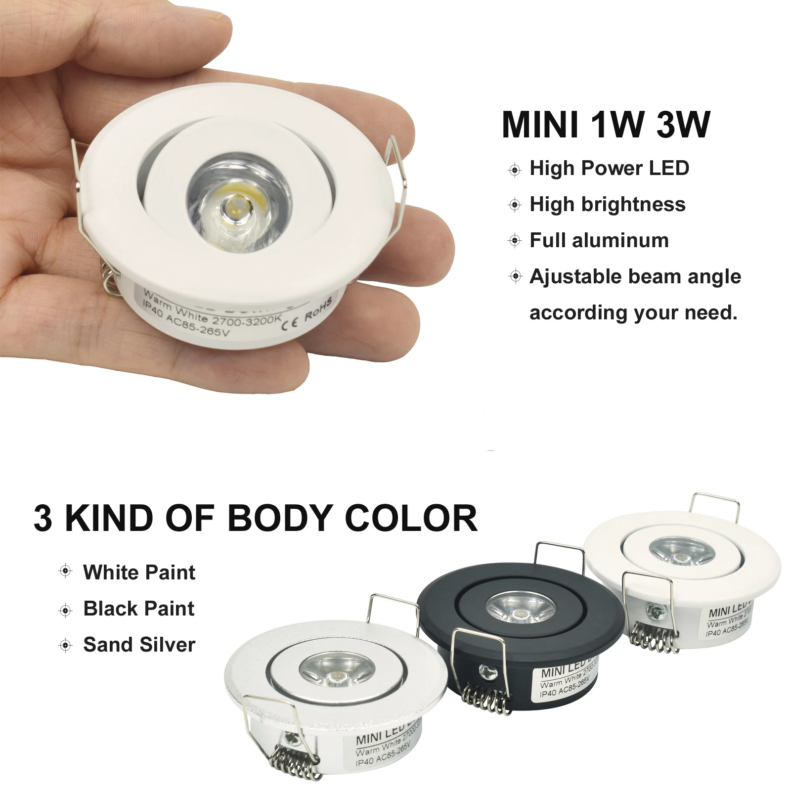 Mini LED embutido Spot Downlights, 1W COB, 3W, regulável, LED redondo para casa, gabinete, Showbox