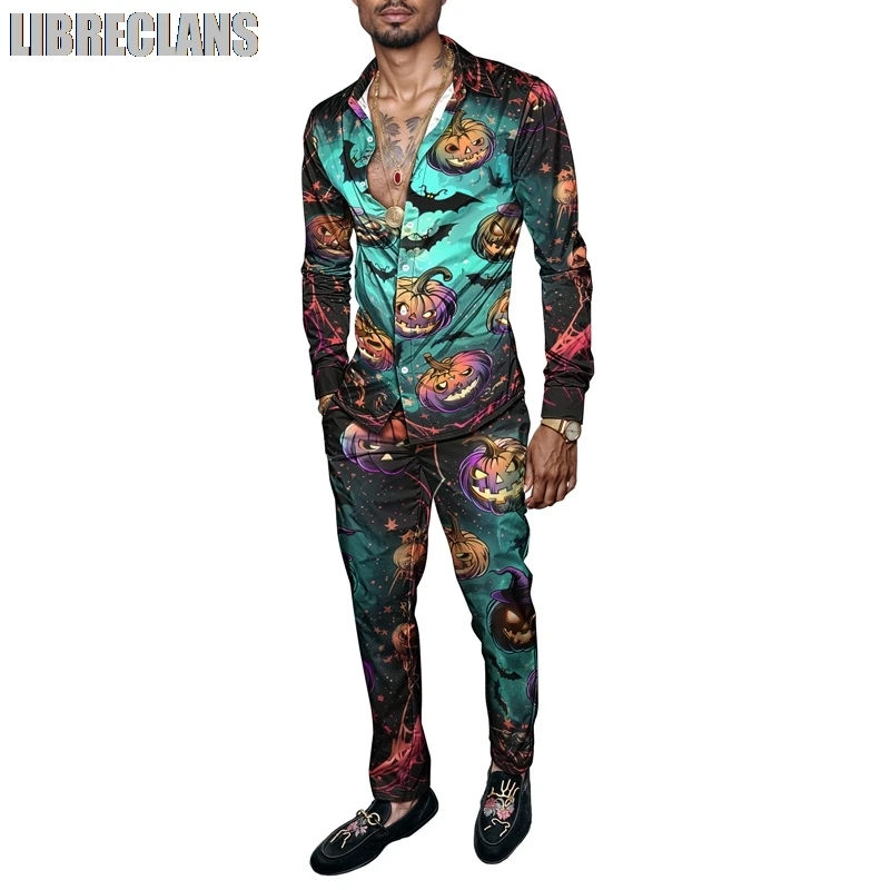 

Модный мужской комплект рубашек с принтом тыквы на Хэллоуин, комплект из двух предметов, осенне-зимний мужской комплект с принтом, легкие вечерние костюмы с длинными рукавами