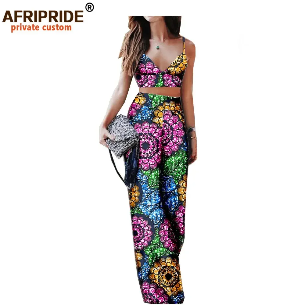 African 2 Piece Set for Women Sleeveless Crop Top and Ankara Pants Dashiki Outfits Print Sexy Party Wear AFRIPRIDE A1826009