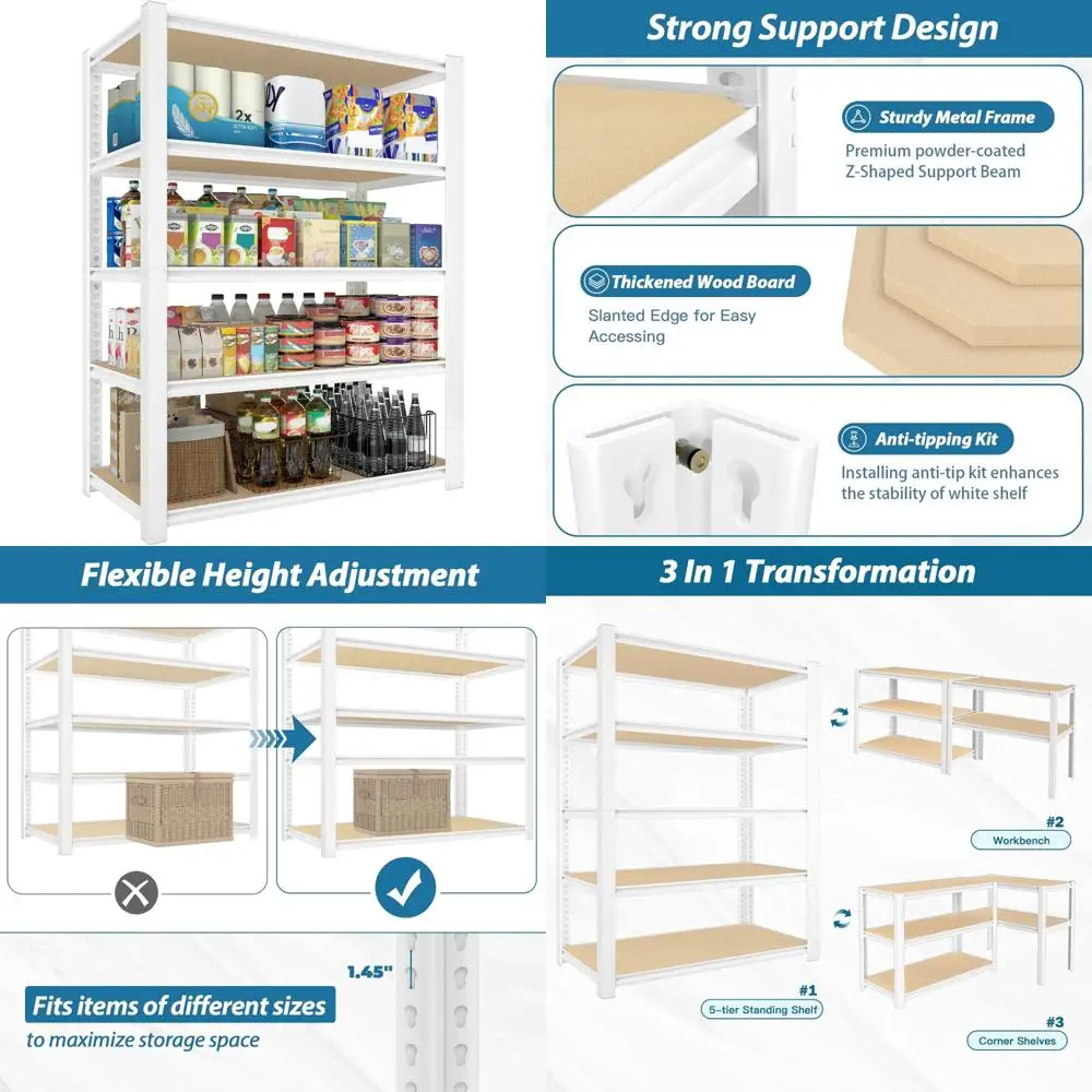 

5-Tier Adjustable Heavy-Duty Metal Shelving Unit for Garage Storage, White, 28W x 12D x 59H, Space-Saving Closet Organizer