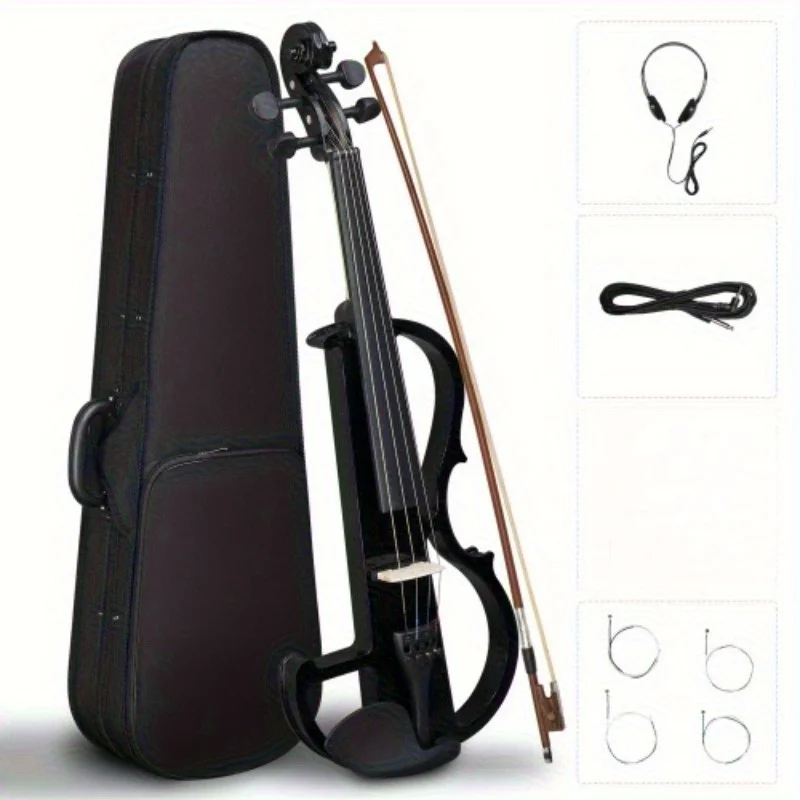 Full Size 4/4  Electric Silent Violin with Case Bow Headphone Connecting Line Black (Excluding Battery, No Battery)