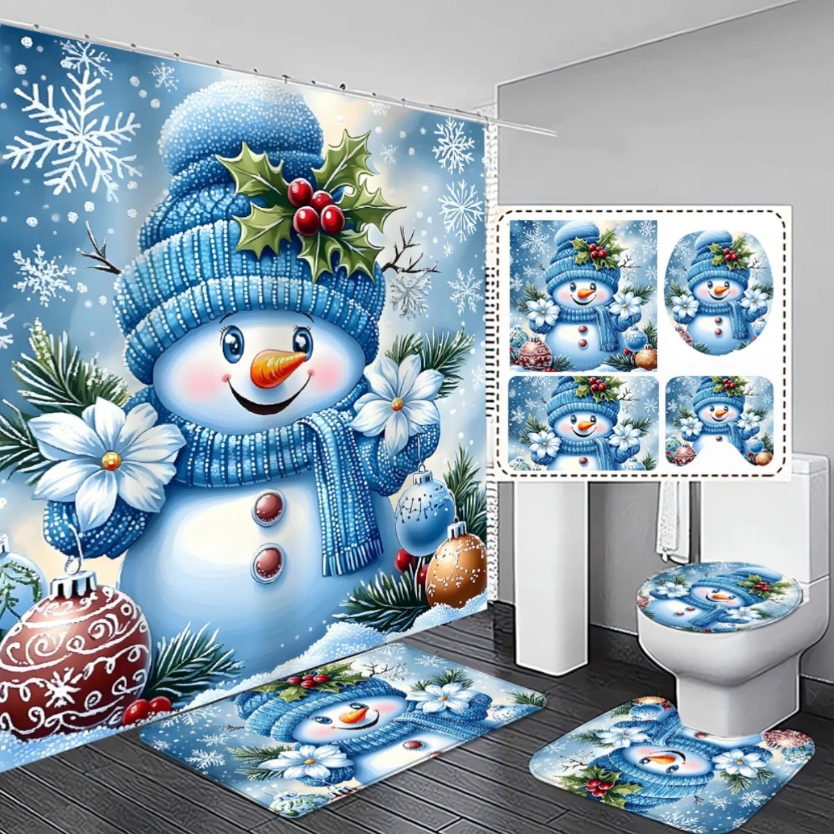 Christmas Snowman Shower Curtain Set 4Pcs, Winter Snowflake Print Waterproof Bathroom Curtain with Rugs & Toilet Lid Cover