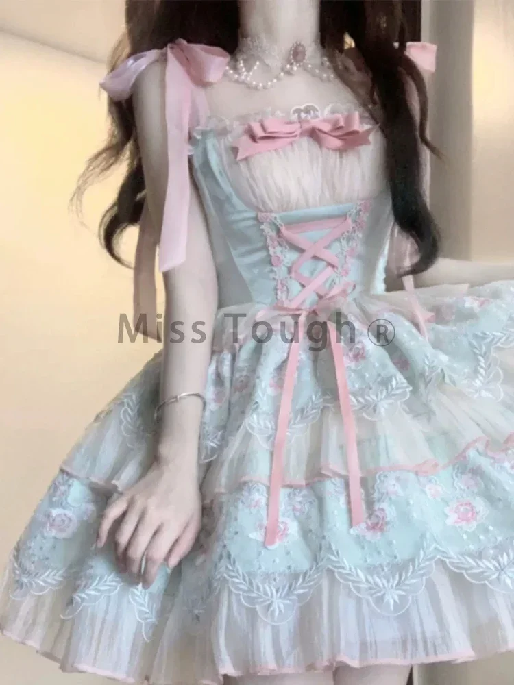 Japanese Kawaii Lolita Sweet Mini Dress Women Vintage Elegant Chic Bow Dress Female Lace Slim One Piece Dress Princess 2024 New