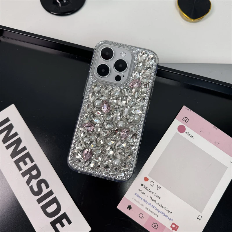 

Handmade Full Coverage Water Drop Crystal Phone Case for iPhone 17 Air 16 15 14 Pro Max 13 12 11 Max Pearl Rhinestone Back Cover