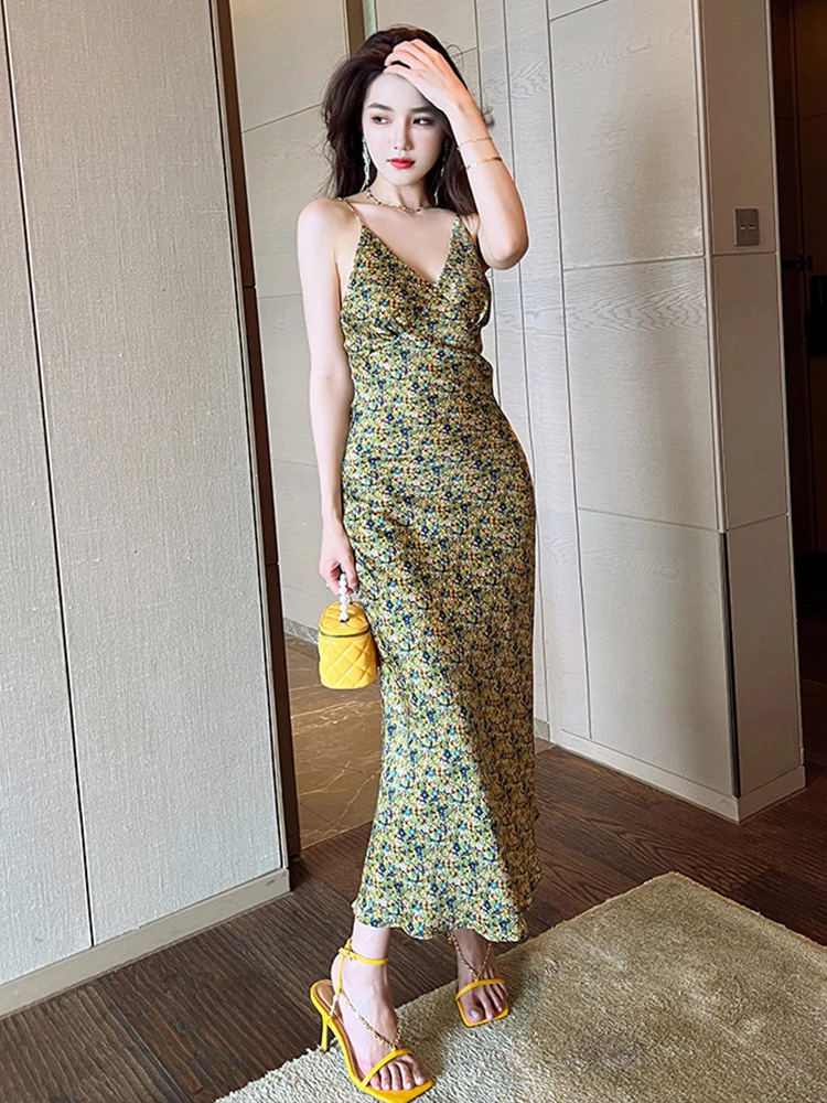 エレガントなヴィンテージイブニングドレス レディース カジュアル サテン グリーン 花柄ストラップ ローカット フィッシュテール ローブ レディース パーティー ホリデー ビーチ ワンピース