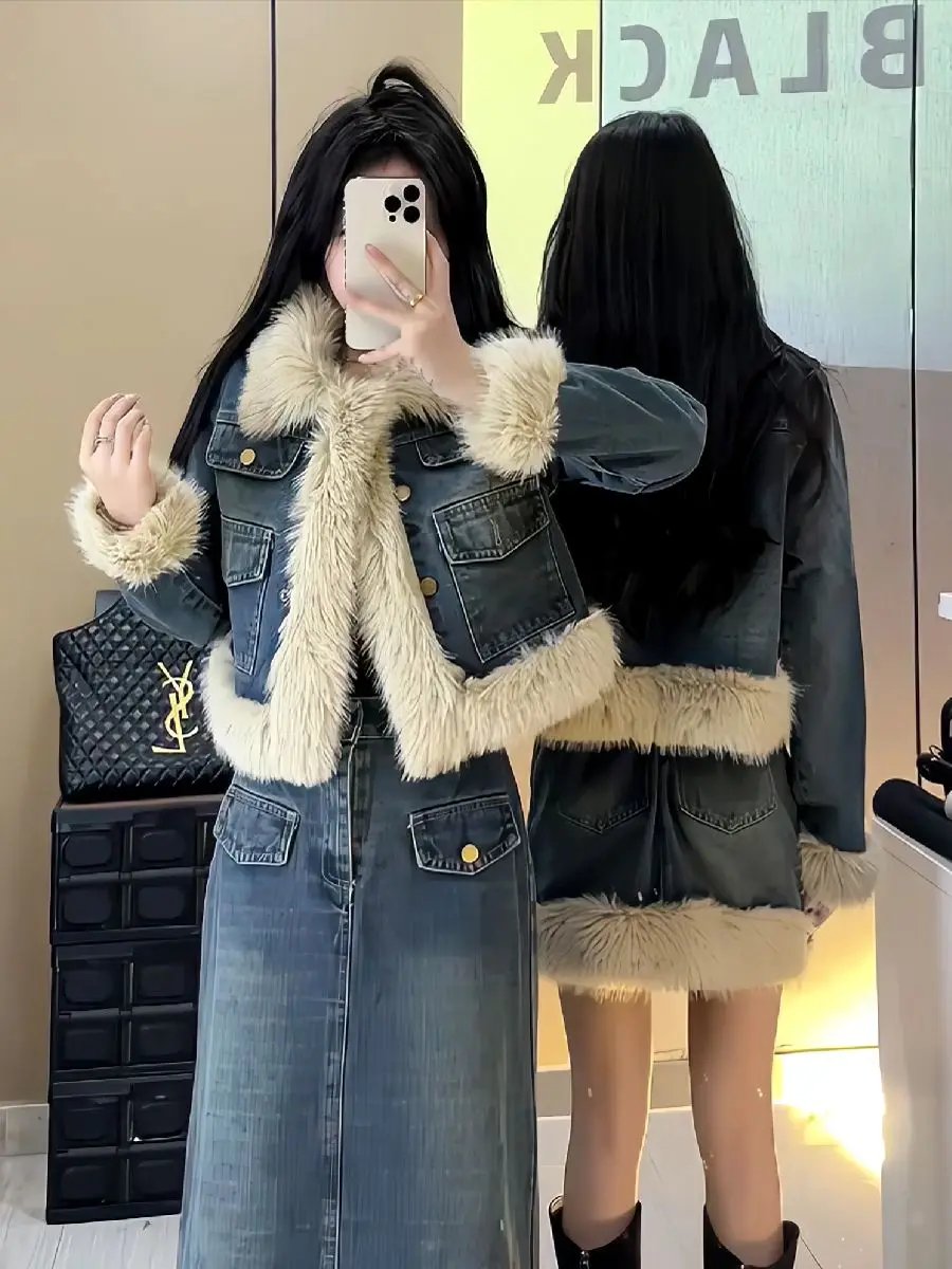 Denim suit women\'s new winter style small fragrance thickened plush short jacket + high waist long and short skirt two-piece set