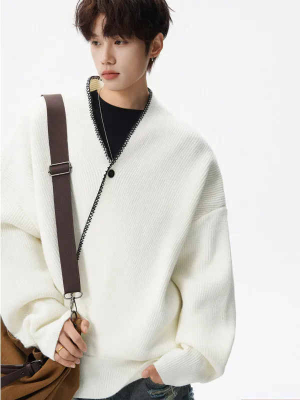 

TANGZ Studio American Retro Lazy Sle V-Ne Overhead Sweater Loose Casual Knittedwear for Couples Winter Thiened Soft