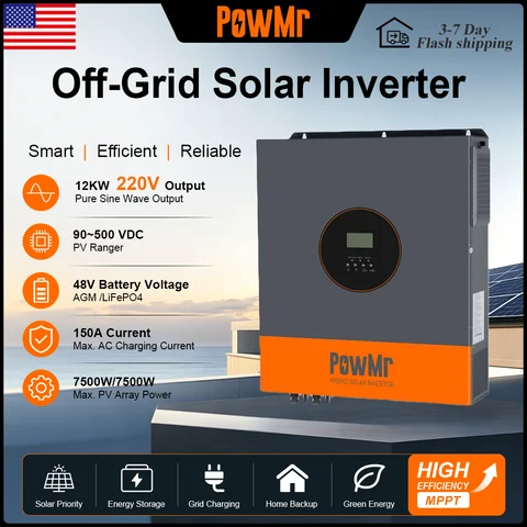 PowMr Off Grid 48V 12kW 220V Solar Inverter 150A Dual MPPT Input Easy Charger up to 9 Units in Parallel Three-Phase Function for Home