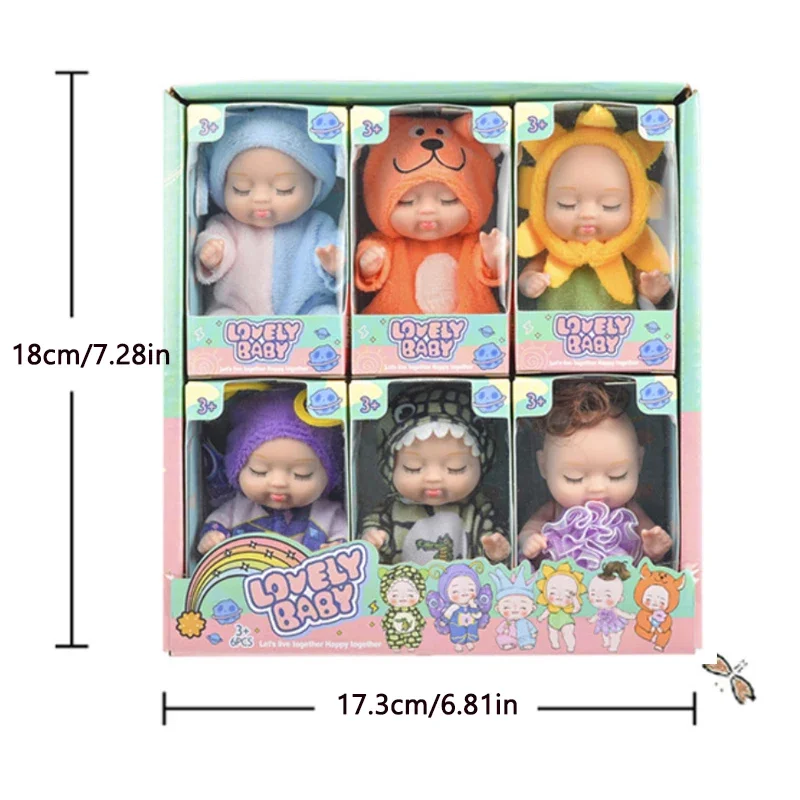 6Pcs Set Sleeping Mini Baby Dolls Reborn Lifelike Cute Adorable Dolls With Butterfly Crocodile Sunflower Outfits Playset Giftbox