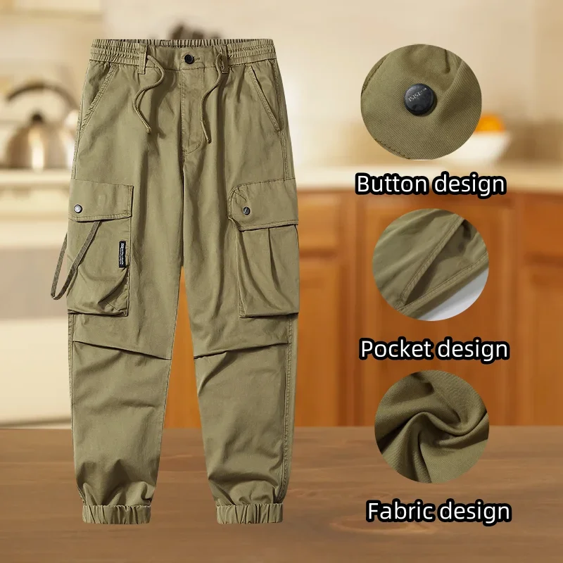 Men's Multi Pocket Casual Pants Tactical Training Multi Pocket Waterproof Mountaineering Pants Mens Little feet Drawstring Pants