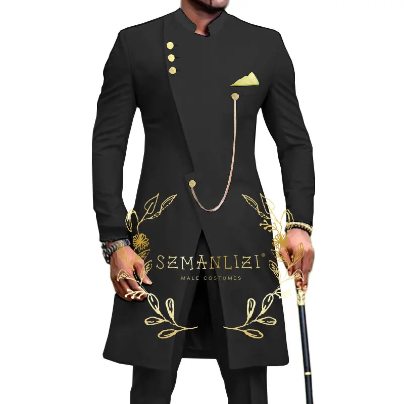 

Black Fashion Men's Indian Style Suit 2 Piece Suit Long Jacket Wedding Groom Tuxedo Blazer Pants Sets Formal Party Clothes