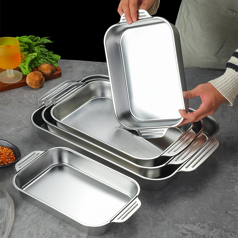 304 Stainless Steel Rectangular Baking Pan with Handle Non-stick Kitchen Fruit Bread Pastry Deepening Food Bake Tray Bakeware