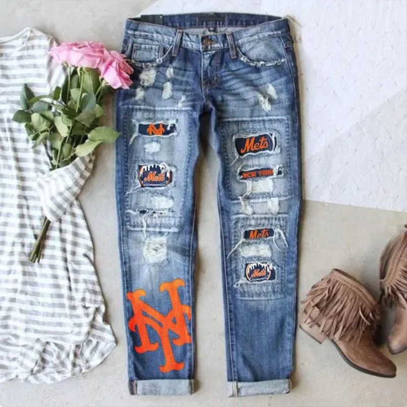 

New Style Casual Straight-cut Mid-waist Women's Washed Jeans with Perforated Prints From Cross-border Amazon Europe and America
