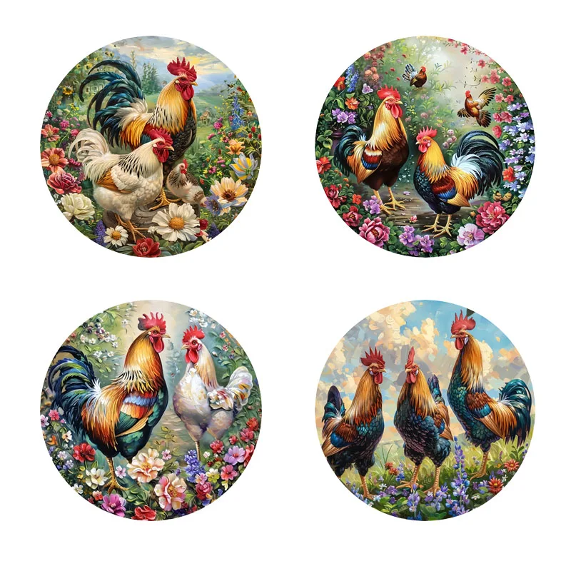 Rooster-printed coasters, suitable for daily family gathering decoration, offices, anti-slip wooden coasters, and festival gifts