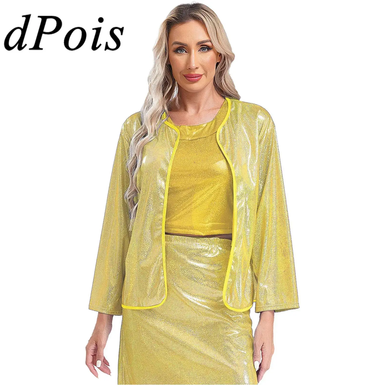 

Womens Fashion Shiny Metallic Cardigan Jackets Party Jacket Bolero Femme Open Front Shrug Top Coat Carnival Festival Costumes