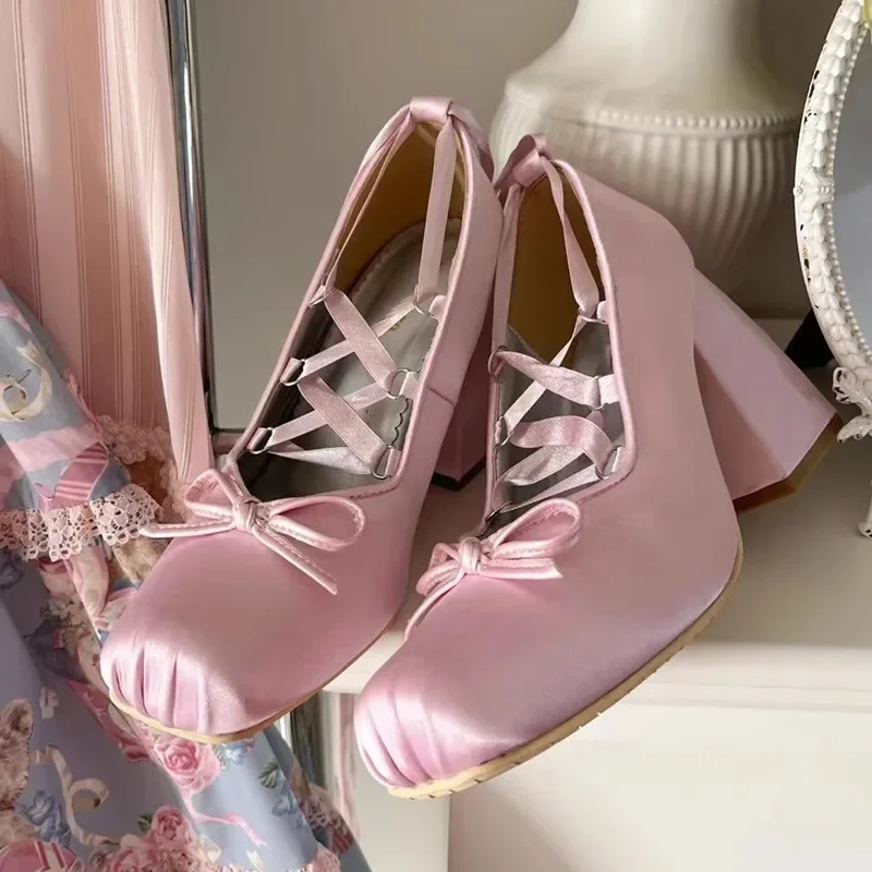 Chaussures à talons hauts à bandes roses Lolita, Costumes de Cosplay de demoiselle d'honneur, tissus en soie, Style Ballet, talons épais de princesse pour filles