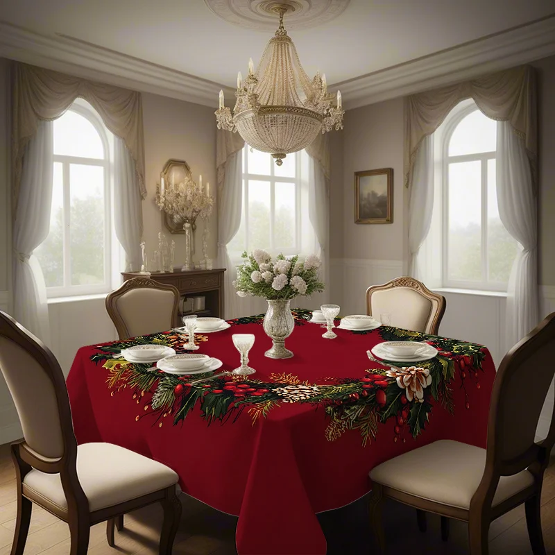 Jit1pc Personalized Printed Square Tablecloth (Available in 3 Sizes) Features a Christmas Wreath Design with Pine Branches, Pine Cones, And Red Berries, Creating a Festive Atmosphere Perfect for Christmas Gatherings