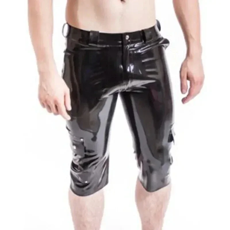 Black Sexy Long Leg Latex Boxer Shorts with Zipper and Pockets Rubber Briefs Bottoms