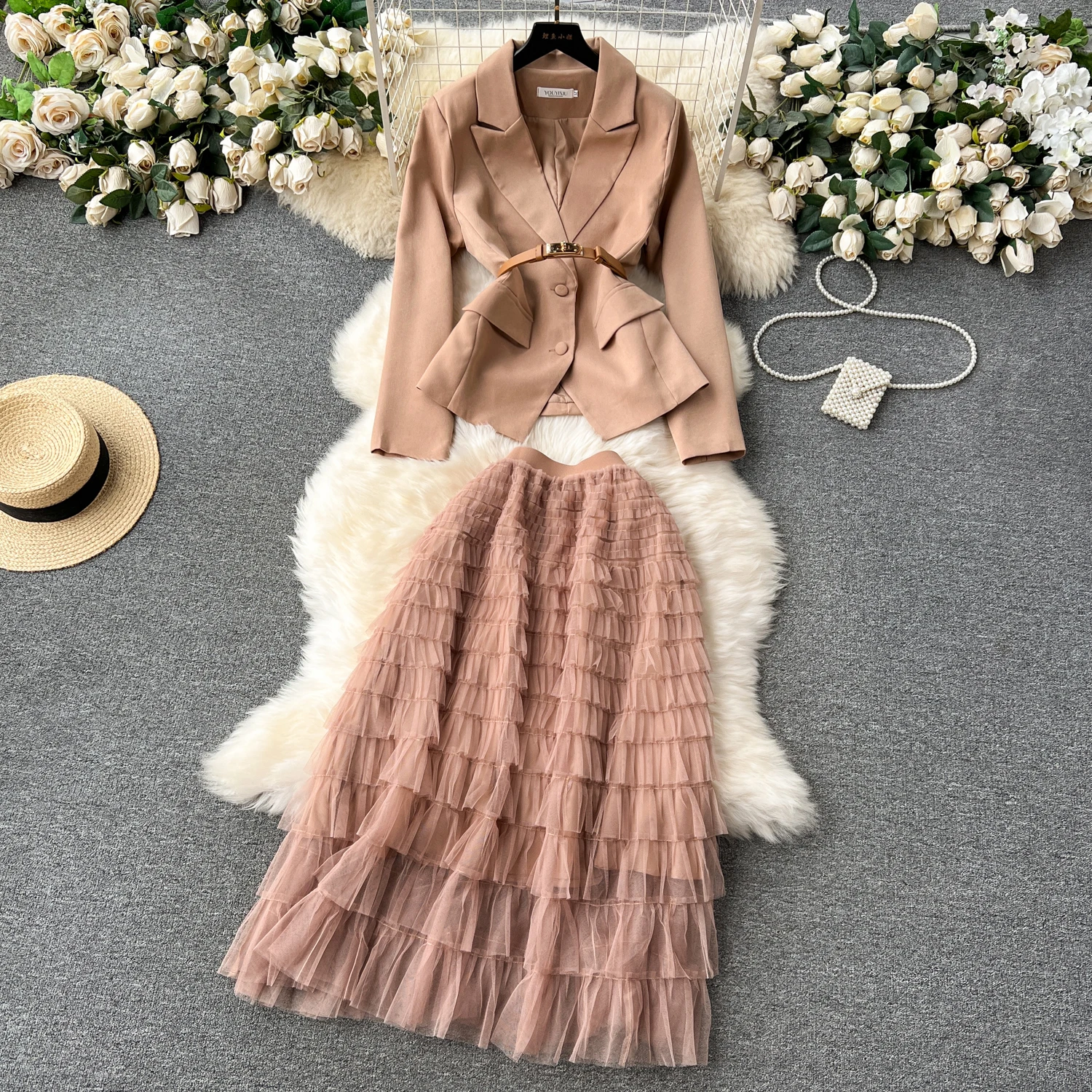 Commute Style Elegant Skirt Suits Fall Winter High-Grade Long Sleeve Jacket Mid-Length Tiered Skirt 2 Piece Sets Women Outifits