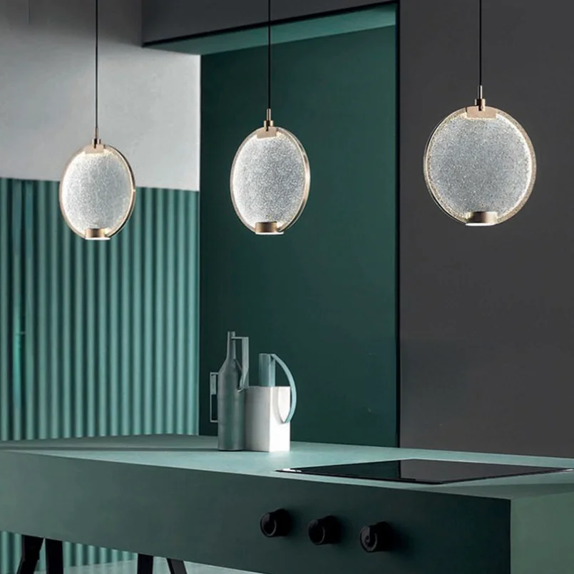 Luxury Glass Round Thin Pendant Light for Kitchen Island Led Hanging Lamp Modern Green Decoration Ceiling Chandeliers Restaurant