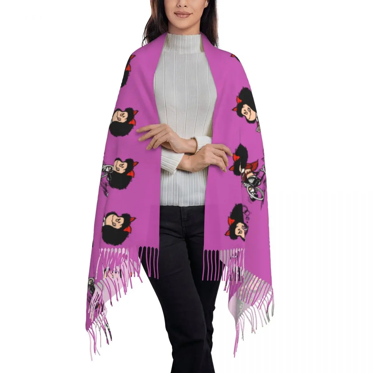 Custom Ladies Long Funny Mafaldas Quino Comics Argentina Cartoon Scarves Women Winter Soft Warm Tassel Shawl Wrap Scarf