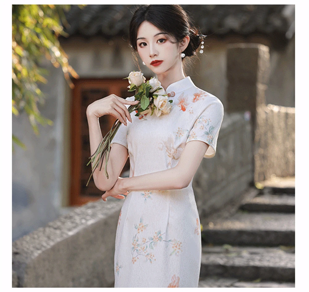 Cheongsam floral de peixe dourado vintage feminino, jovem, qipao tradicional chinês, manga curta fina feminina, vestido elegante de verão