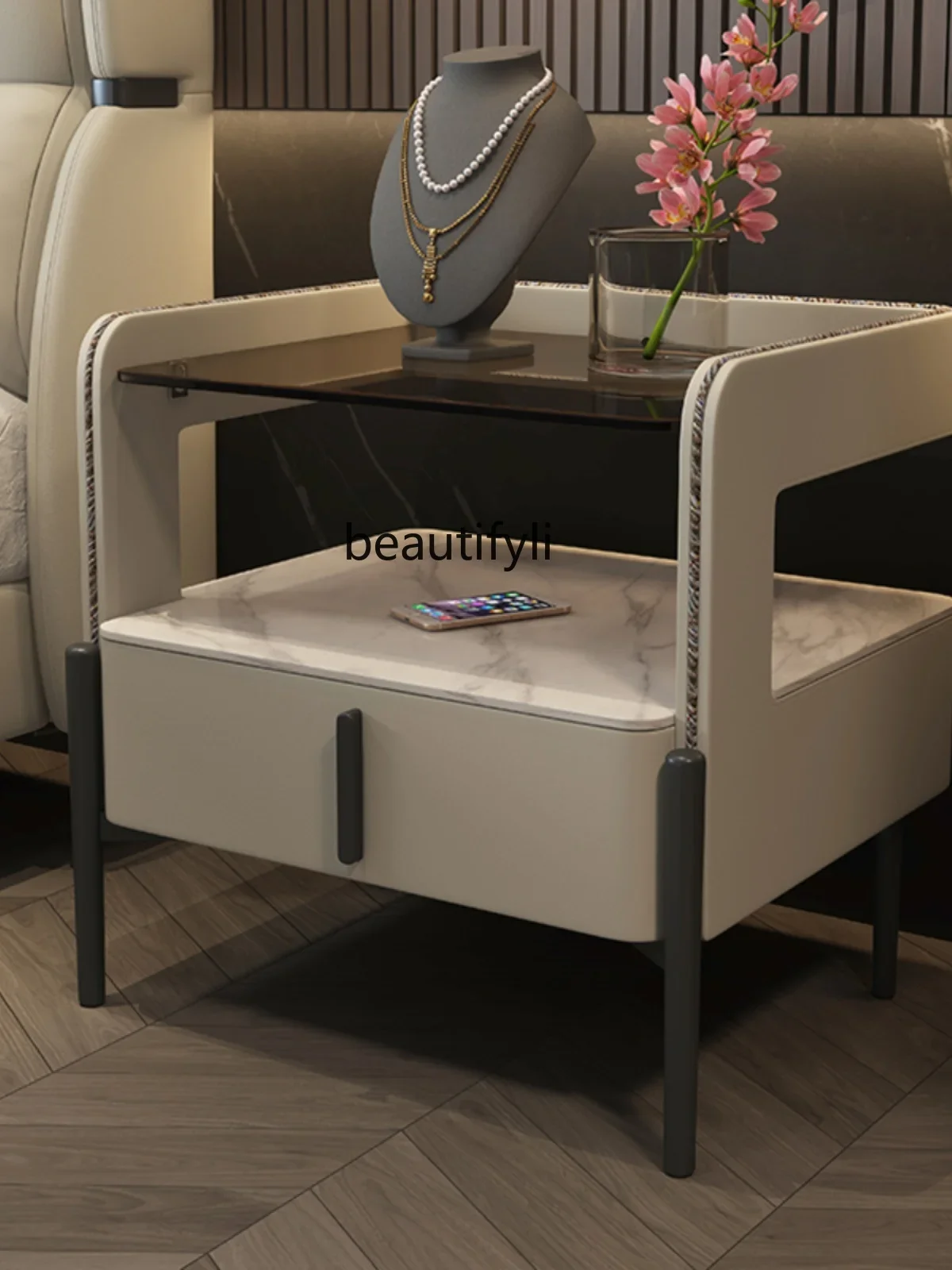 

Italian Stone Plate Design Solid Wood Modern Minimalist Tempered Glass Surface Bedroom Leather Bedside Bedside Cabinet