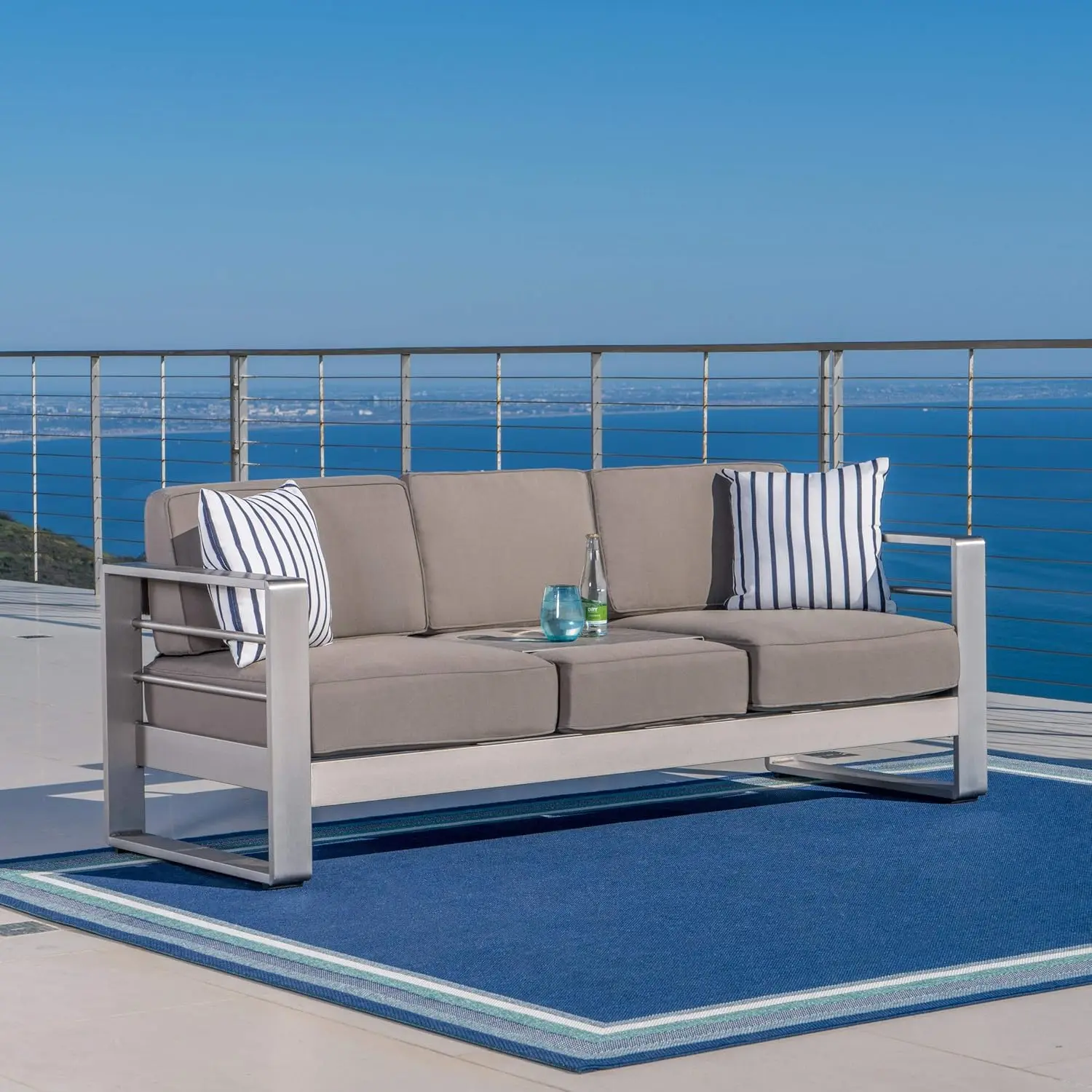 Outdoor Loveseat Sofa with Tray Water Resistant Fabric Aluminum Frame Made for The Outdoors and Wont Rust