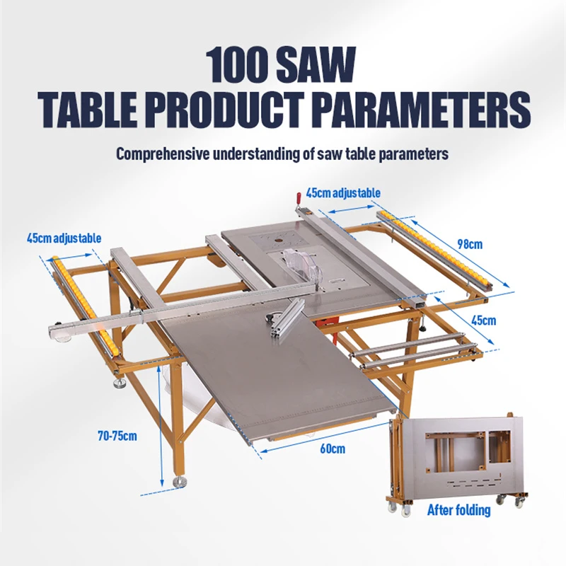 Serra de mesa deslizante de precisão para carpintaria multifuncional conjunto de carpintaria sem poeira serra de painel portátil dobrável e elevável