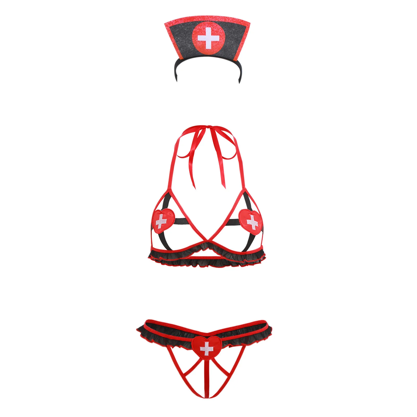 

Womens Spicy Nurse Cosplay Lingerie Set Cut Out Cup Halter Bra Top with T-back Thong Headwear Ruffled Trim Tempting Nightwear
