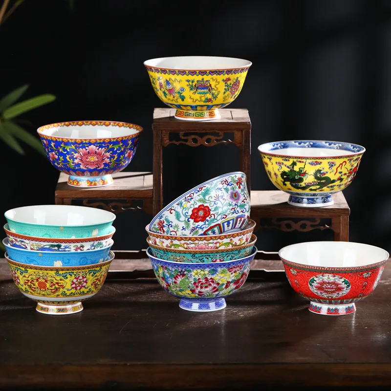 2023 New Chinese Style Ceramic Bowl Enamel Colored Rice Bowl Kitchen Dish Set Bone Porcelain Household Bowl salad bowl set