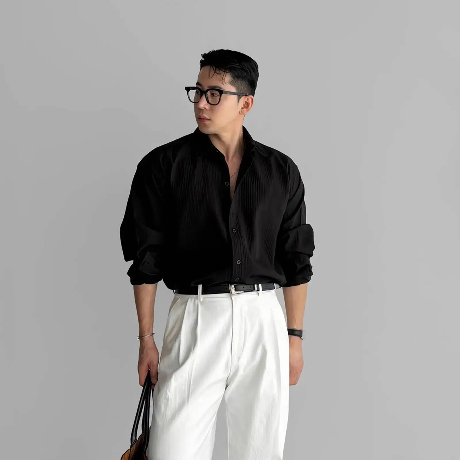 Men's Black White Long Sleeve Shirt High End Vertical Texture Mature Style Versatile Wrinkle Resistant Casual Business Shirt