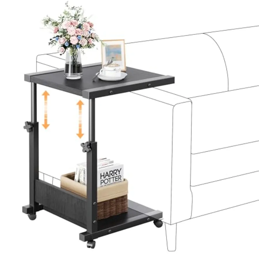 Hospital Bedside Table with Wheels Adjustable Height Sofa Side Rolling Hospital Table Mobile Computer Desk Laptop Table for Liv