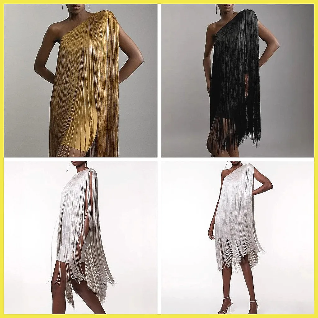 

Summer Women's Asymmetric Short Dress with Slant Neck & Tassel Splicing, Solid Evening Party Dress