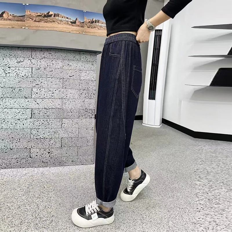 ريترو الأزرق مطاطا الدينيم الجينز عالية الخصر السراويل الطويلة القطن البوليستر مزيج عادية التخسيس هارلان Sle المرأة الخريف جديد
