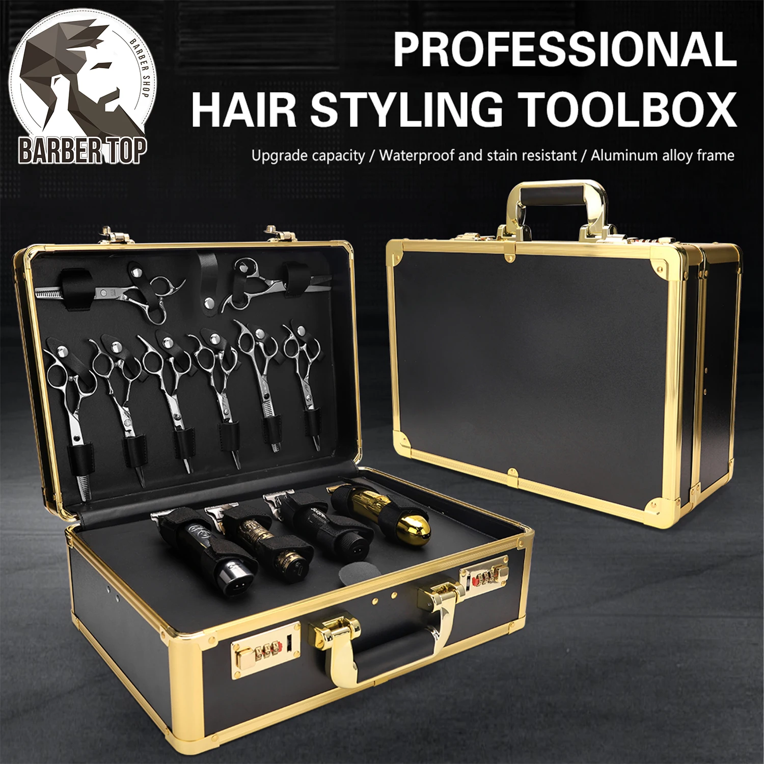 Barber Carrying Case Luxury Portable Clippers Storage Box Professional Double Layer Hairdressing Tools Organizer Case Gold