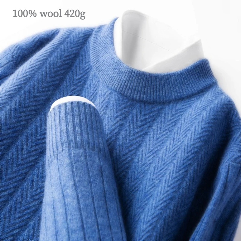 

420 г высококачественный мужской свитер из 100% шерсти, деловой повседневный пуловер с круглым вырезом, теплый и мягкий