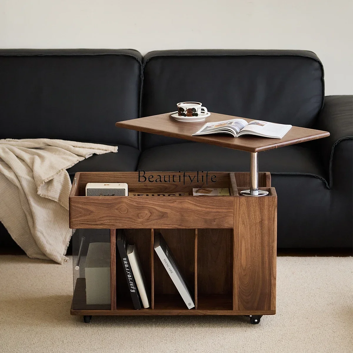 

Black walnut tea table multi-functional mobile home storage trolley sofa liftable side cabinetL