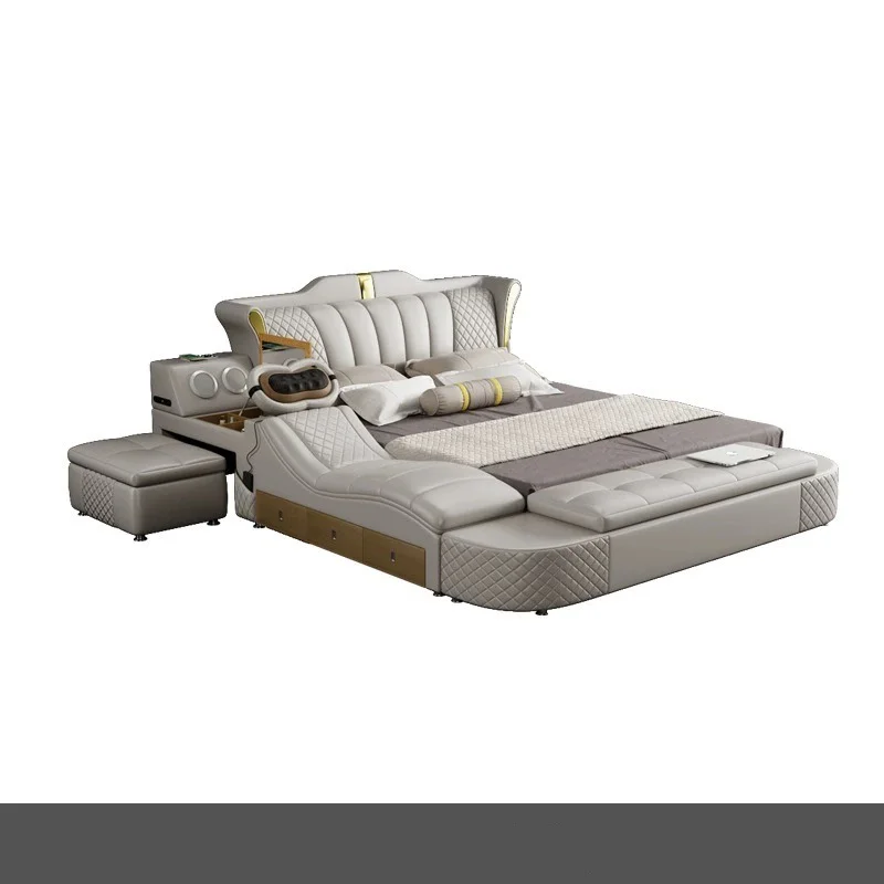 

Leather Upholstered Bed Side Storage Modern Light Luxury Recycled Leather Multifunctional Massage USB Interface Solid Wood Frame