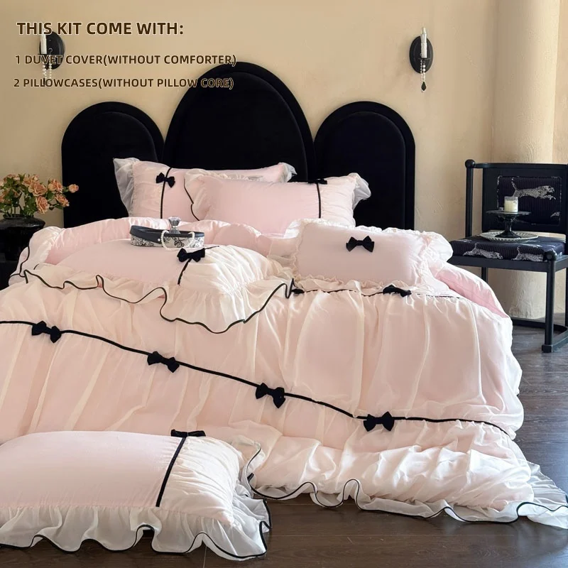3pcs Pink bow Duvet Cover Set (1*Duvet Cover + 2*Pillowcase, Without Core),pink Bedding Set